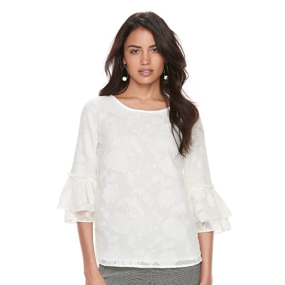 ELLE White Floral Jacquard Blouse Large Ruffle Sleeve
